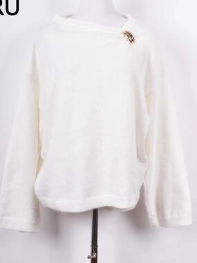 FROM PARIS FRANCE 🇫🇷 
 Cream Cozy Boatneck Sweater with Decorative Pin